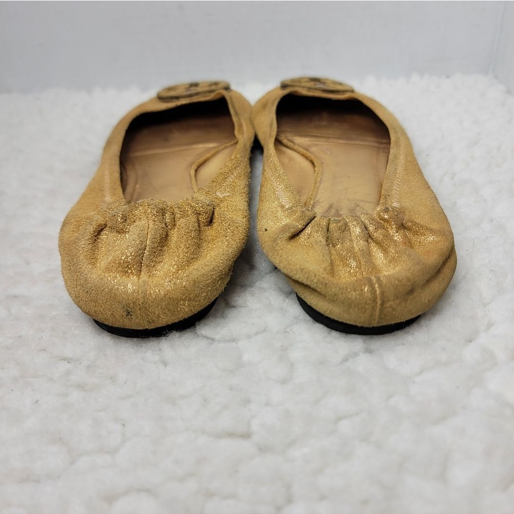 Tory Burch Reva Ballet Flats Women’s 10.5 Gold Metallic Leather Logo Shoes - Picture 5 of 13